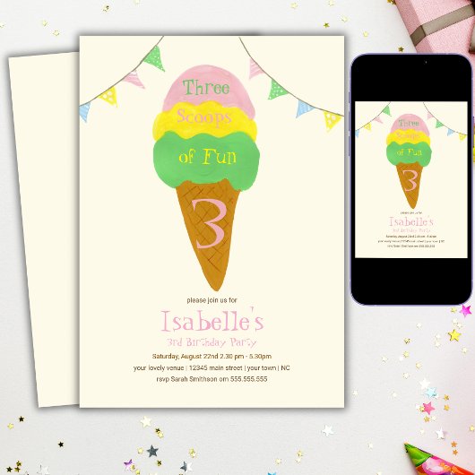 3スコップの楽しい 3歳の誕生日 アイスクリームパーティー 招待状