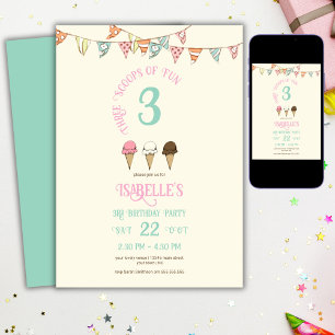 3スコップの楽しい 3歳の誕生日 アイスクリームパーティー 招待状