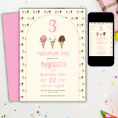3スコップの楽しい 3歳の誕生日 アイスクリームパーティー 招待状