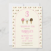 3スコップの楽しい 3歳の誕生日 アイスクリームパーティー 招待状 (正面)
