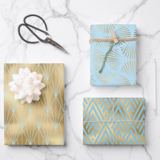 3スタイルの金ゴールド、ティール（緑がかった色）、ライトブルーアールデコ ラッピングペーパーシート (正面)