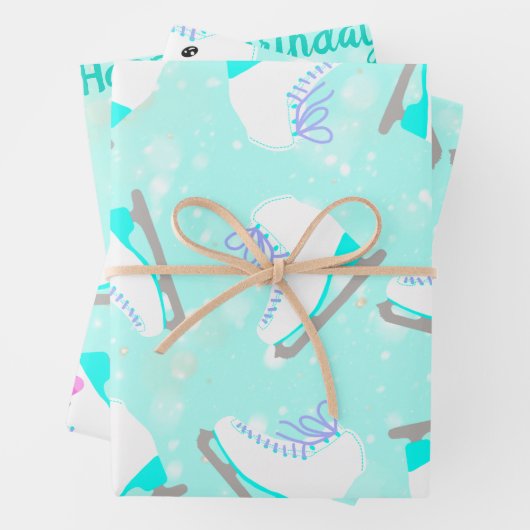 3セットの氷のスケートで滑るパタパーソナライズされたーン青い贈り物 ラッピングペーパーシート (インサイチュ)