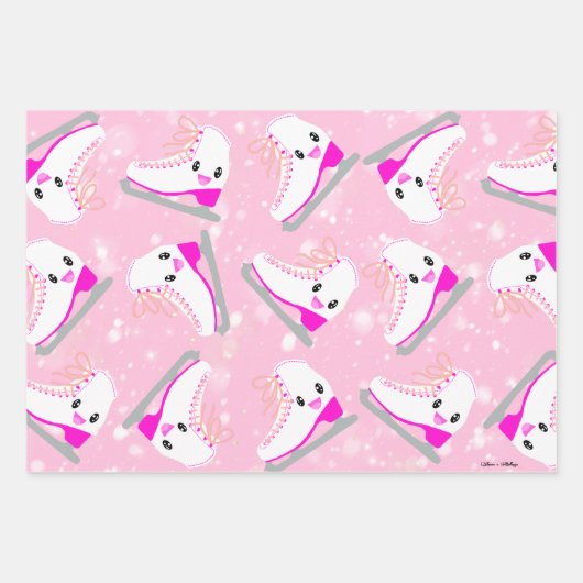 3セットの氷のスケートで滑るパパーソナライズされたターンピンクギフト ラッピングペーパーシート (正面2)