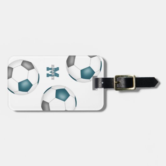 3ティール（緑がかった色）グレー白サッカーボール女の子スポーツ ラゲッジタグ (正面横)