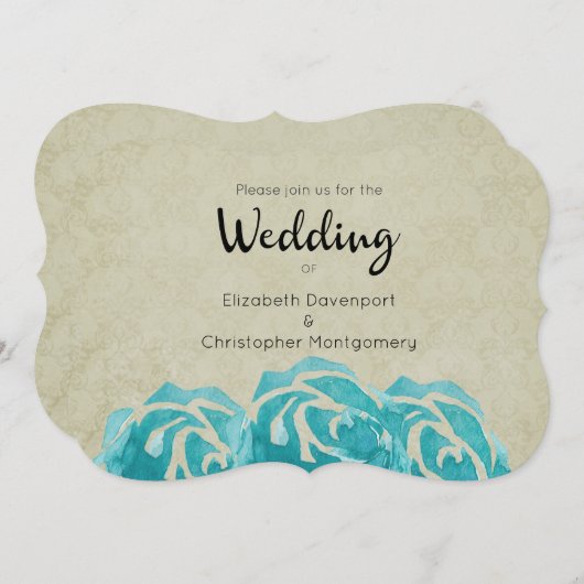 3ティール（緑がかった色）水の色のバラタンダマスクウェディング 招待状 (正面/裏面)