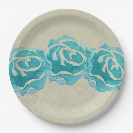 3ティール（緑がかった色）水カラーバラタンダマスクパターン ペーパープレート (正面)