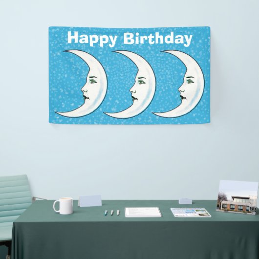 3ハッピーバースデーホワイトクレセントムーン顔 横断幕 (トレードショー)