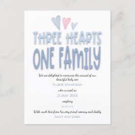 3ハートワンファミリーブルー男の赤ちゃん誕生 案内ポストカード