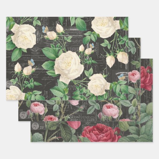 3バラ木炭コラージエフェメラシート ラッピングペーパーシート (セット)