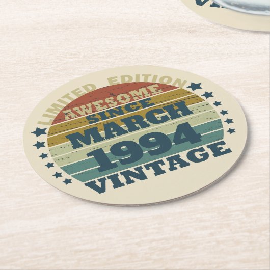 3パーソナライズされたヴィンテージ30歳の誕生日パーティー ラウンドペーパーコースター (アングル)