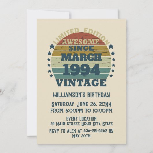 3パーソナライズされたヴィンテージ30歳の誕生日パーティー 招待状 (正面)