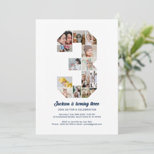 3パーソナライズされた歳の誕生日カスタム写真コラージュ 招待状 (スタンド正面)
