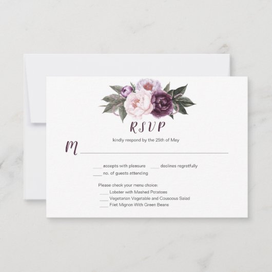 #3パープルプラムピンク牡丹の花束メニューの選択 出欠カード (正面)