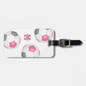 3ピンクグレー白サッカーボール女の子スポーツ ラゲッジタグ (正面横)