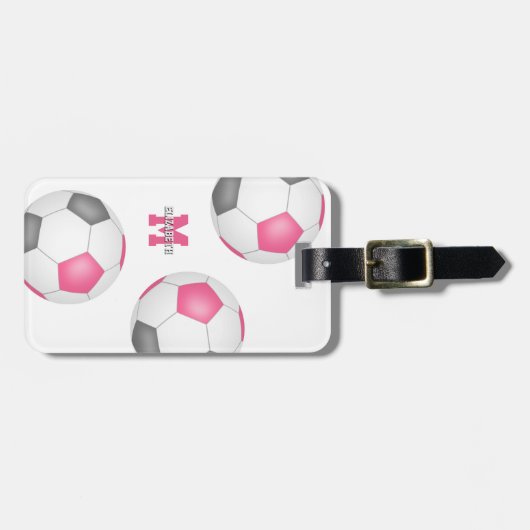 3ピンクグレー白サッカーボール女の子スポーツ ラゲッジタグ (正面横)