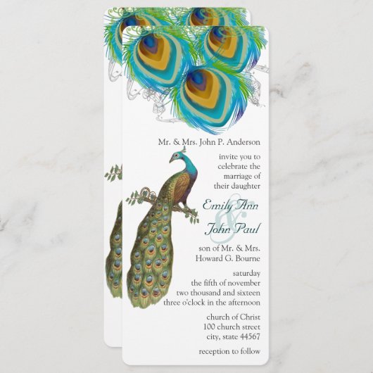 3ピーコックフェザーアールデコウェディング招待状 招待状 (正面/裏面)