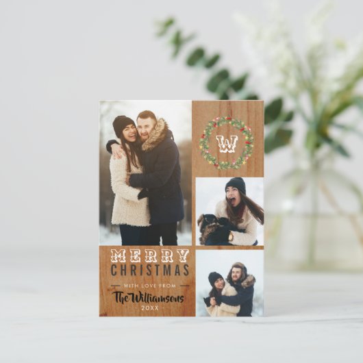 3フォトウッド素朴クリスマスホリディグリーティング シーズンポストカード (スタンド正面)