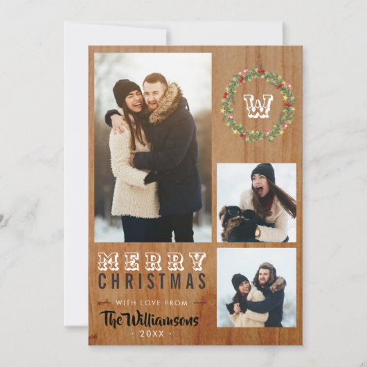 3フォトウッド素朴クリスマスホリデーグリーティング シーズンカード (正面)