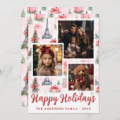 3フォトエッフェルタワー、パリシックなピンクのクリスマス シーズンカード (正面/裏面)