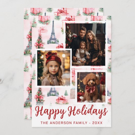 3フォトエッフェルタワー、パリシックなピンクのクリスマス シーズンカード (正面/裏面)