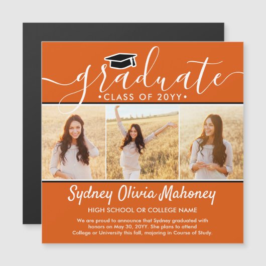 3フォトオレンジ磁気卒業の発表 マグネット招待状 (正面/裏面)