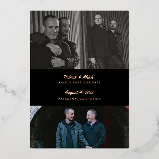 3フォトカスタムフォトカラーブラック日付の保存 箔招待状 (正面)