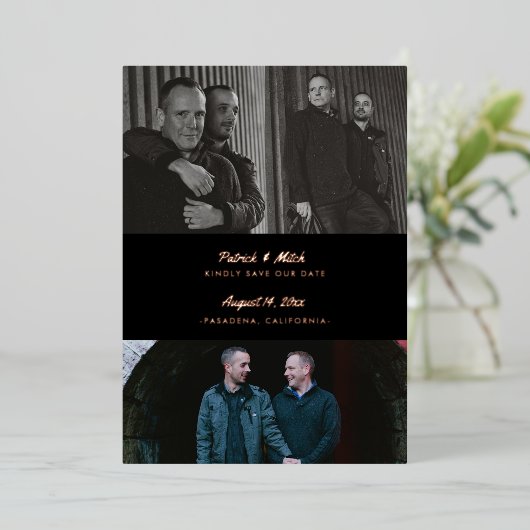 3フォトカスタムフォトカラーブラック日付の保存 箔招待状 (立ち正面)