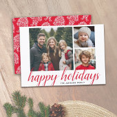 3フォトクリスマススクリプトレッドダマスクハッピー シーズンカード