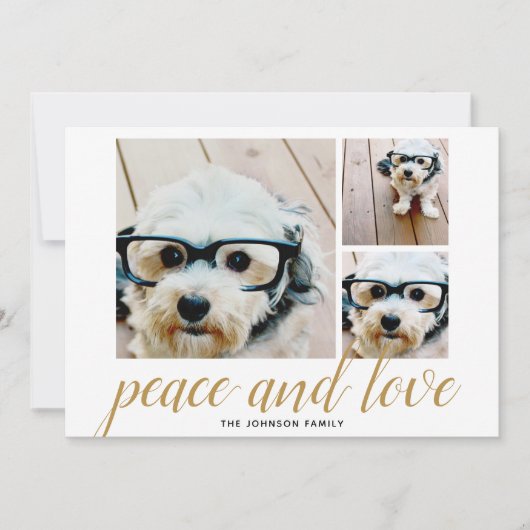 3フォトクリスマススクリプト金ゴールドダマスク平和の愛 シーズンカード (正面)