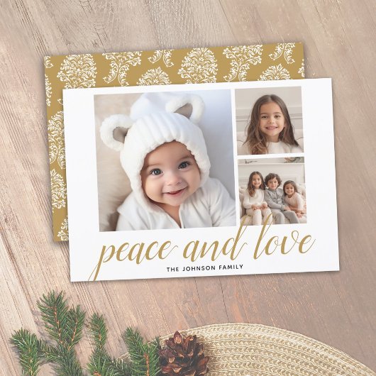 3フォトクリスマススクリプト金ゴールドダマスク平和の愛 シーズンカード