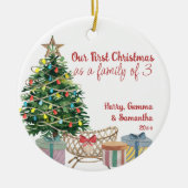 3フォトクリスマスツリーとクリブの家族 セラミックオーナメント (正面)
