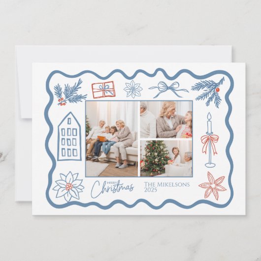 3フォトクリスマスドゥードルラインアートホリデー シーズンカード (正面)