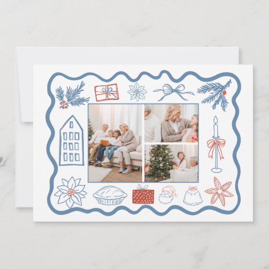 3フォトクリスマスドゥードルラインアートホリデー シーズンカード (正面)