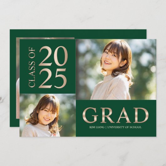 3フォトコラージグリーン&ベージュ卒業パーティー 招待状 (正面/裏面)