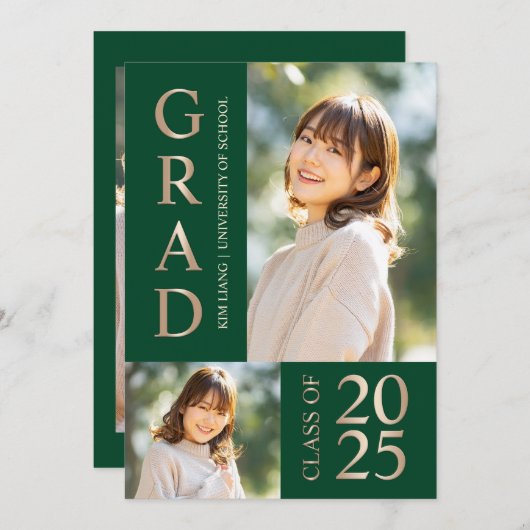 3フォトコラージグリーン&ベージュ卒業パーティー 招待状 (正面/裏面)