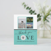 3フォトコラージサンドドルティール(緑がかった色)ブラック結婚ズ サンキューカード (スタンド正面)