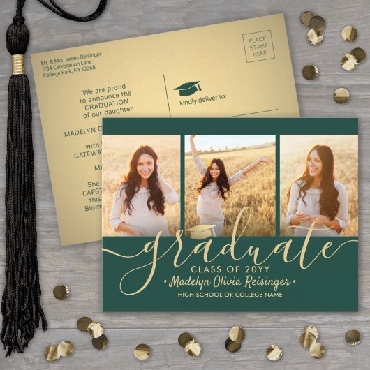 3フォトコラージスクリプトグリーンと金ゴールドの卒業 案内ポストカード
