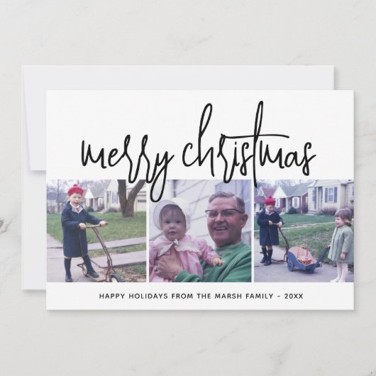 3フォトコラージスクリプト白黒メリークリスマス シーズンカード (正面)
