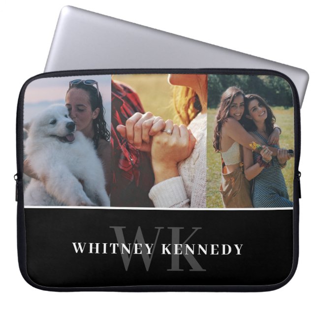 3フォトコラージブラックミニマリストモノグラム ラップトップスリーブ (正面)