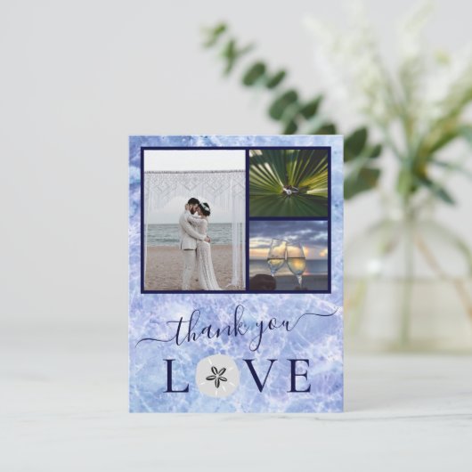 3フォトコラージブルーウォーター砂ド結婚ル サンキューカード (スタンド正面)