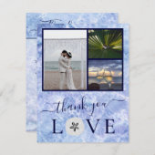 3フォトコラージブルーウォーター砂ド結婚ル サンキューカード (正面/裏面)