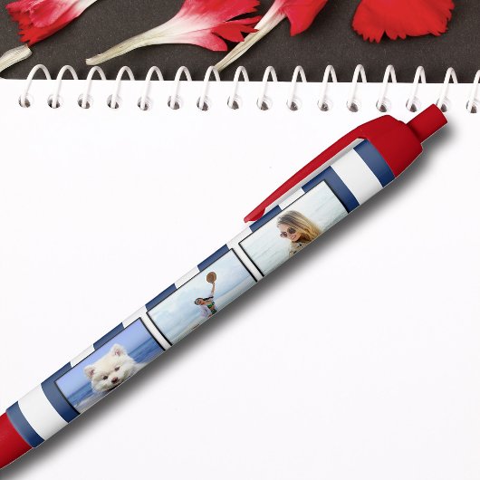 3フォトコラージブルーホワイト沿岸ストライプハート 黒ボールペン