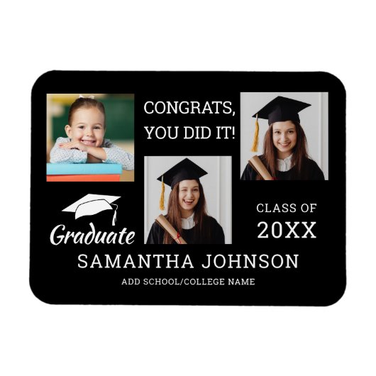 3フォトコラージュおめでとうGrad 2025黒 マグネット (横)