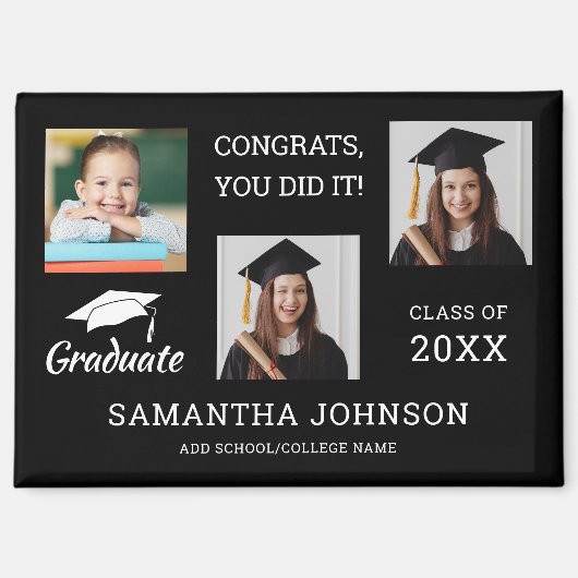 3フォトコラージュおめでとうGrad 2025黒 マグネット (正面)
