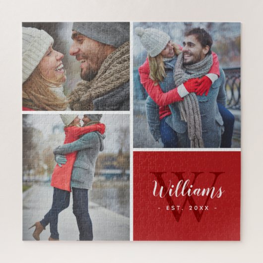 3フォトコラージュとモノグラカスタムム |赤 ジグソーパズル (縦)