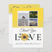 3フォトコラージュひまわりグレー結婚イエロー サンキューカード (正面/裏面)