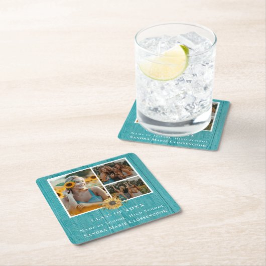 3フォトコラージュひまわり黄色の卒業パーティー スクエアペーパーコースター (インサイチュ)