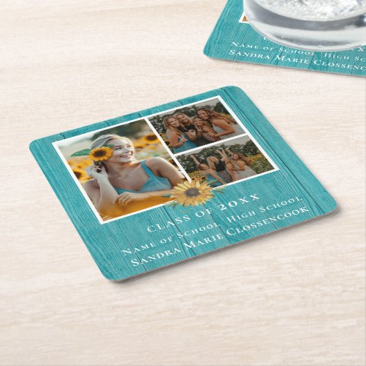 3フォトコラージュひまわり黄色の卒業パーティー スクエアペーパーコースター (アングル)