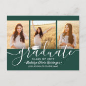3フォトコラージュシンプルダークグリーンホワイト卒業 案内ポストカード (正面)