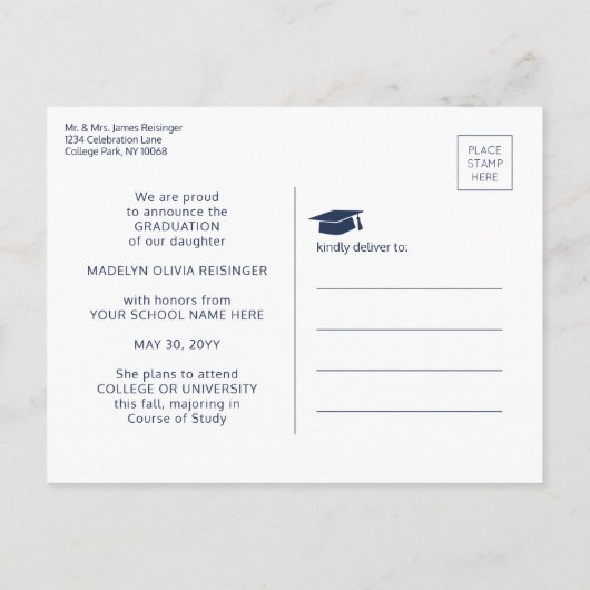 3フォトコラージュシンプルネイビーブルーホワイト卒業 案内ポストカード (裏面)